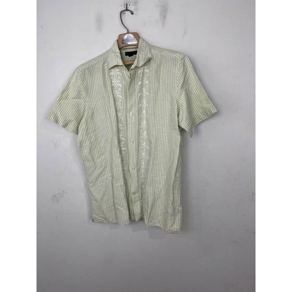 Banana Republic Mens L Guayabera‎ Shirt Green Striped Embroidered Linen Cotton